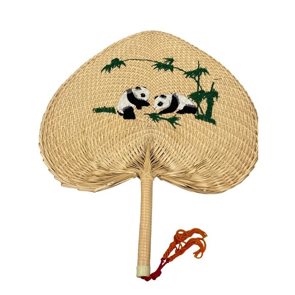Handwoven Bamboo Fan With Embroidered Panda Design & Red Tassel - Picture 3 of 3